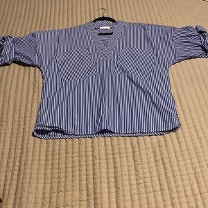 Large Calvin Klein Blue and White Striped V-Neck Shirt